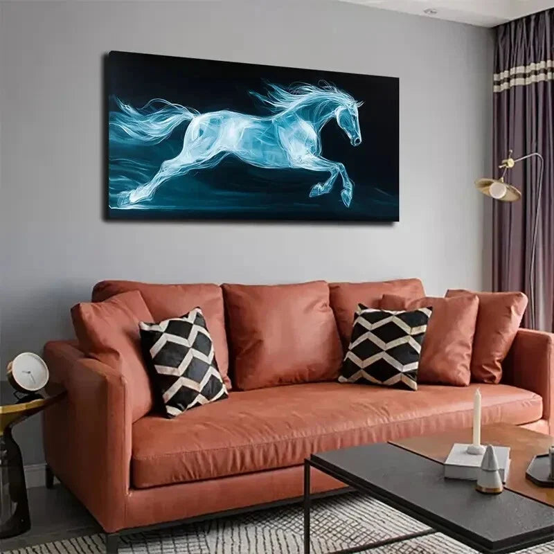 Dynamic Blue Horse Swirling Wall Art Canvas Office Home Room Framed 120x60cm