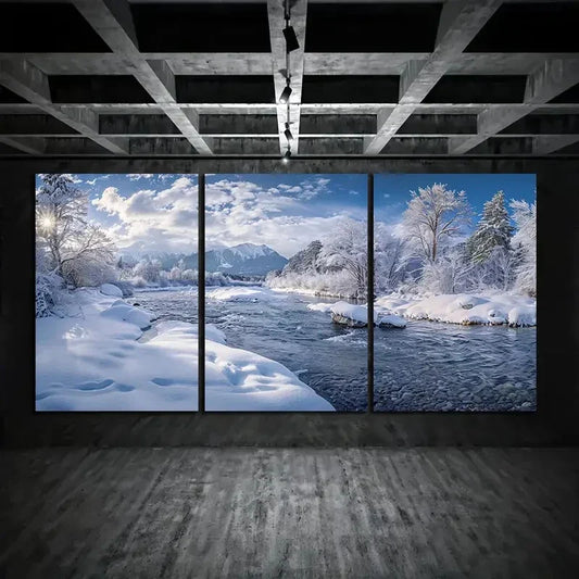3pcs Winter River Snowy Trees Clouds Metal Print Ready to Hang Art