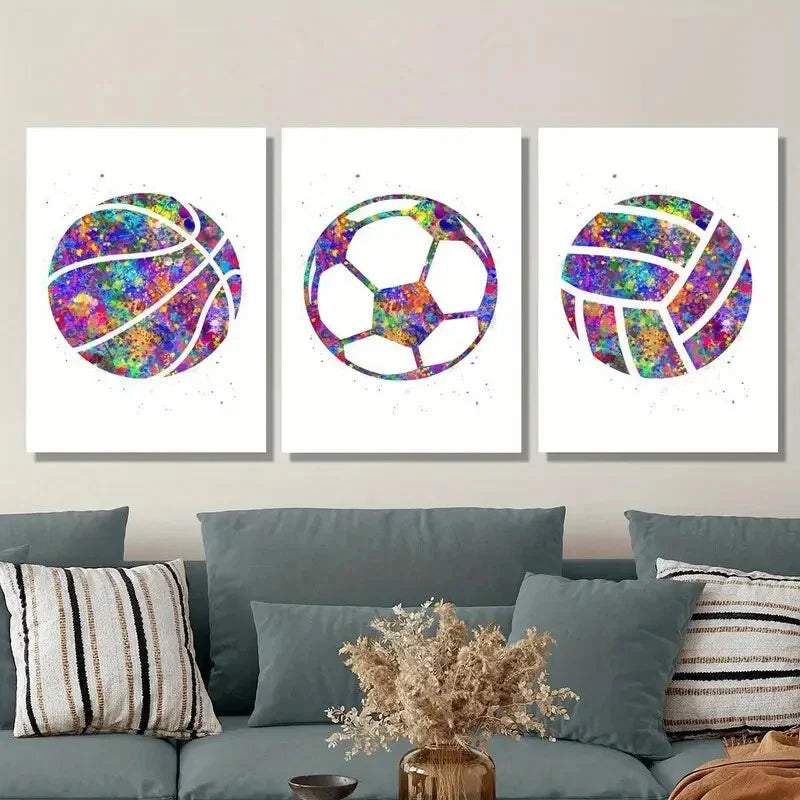 3pcs Basketball, Volleyball & Soccer Colorful  Art Metal Print Ready to Hang Art