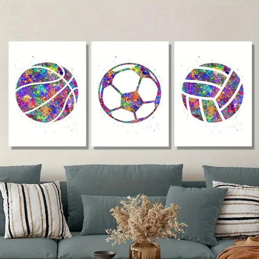 3pcs Basketball, Volleyball & Soccer Colorful  Art Metal Print Ready to Hang Art