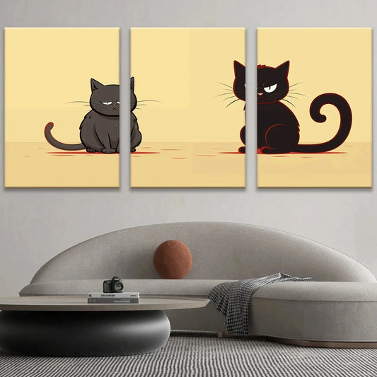 3pcs Abstract Black and Gray Cat White Eyes Metal Print Ready to Hang Art