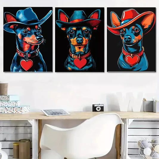 3pcs Vibrant Blue & Red Cowboy-Themed Dog Wall Art Set Canvas Framed 40x60cm - High Quality Print 100% Australian Made Wall Canvas Ready to Hang