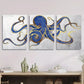 3pcs  Navy Golden Blue and Gray Abstract Octopus   Metal Print Ready to Hang Art