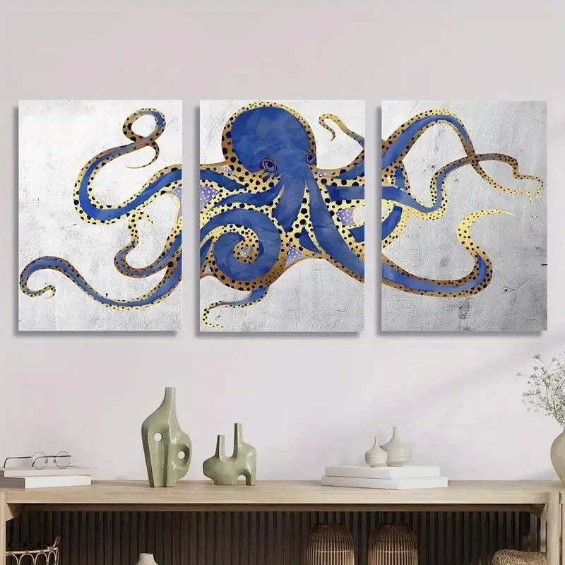 3pcs  Navy Golden Blue and Gray Abstract Octopus   Metal Print Ready to Hang Art