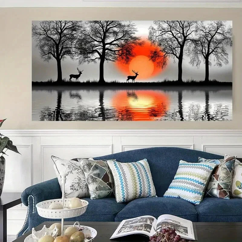 Deer by the Lake Sunset Serene Wall Art Canvas Office Home Room Framed 120x60cm