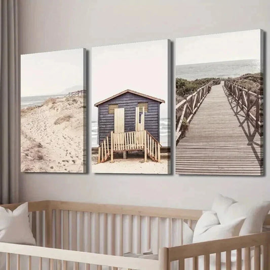3pcs Sand Dunes & Seaside Hut Landscape Wall Art Set Canvas Framed 40x60cm - High Quality Print 100% Australian Made Wall Canvas Ready to Hang