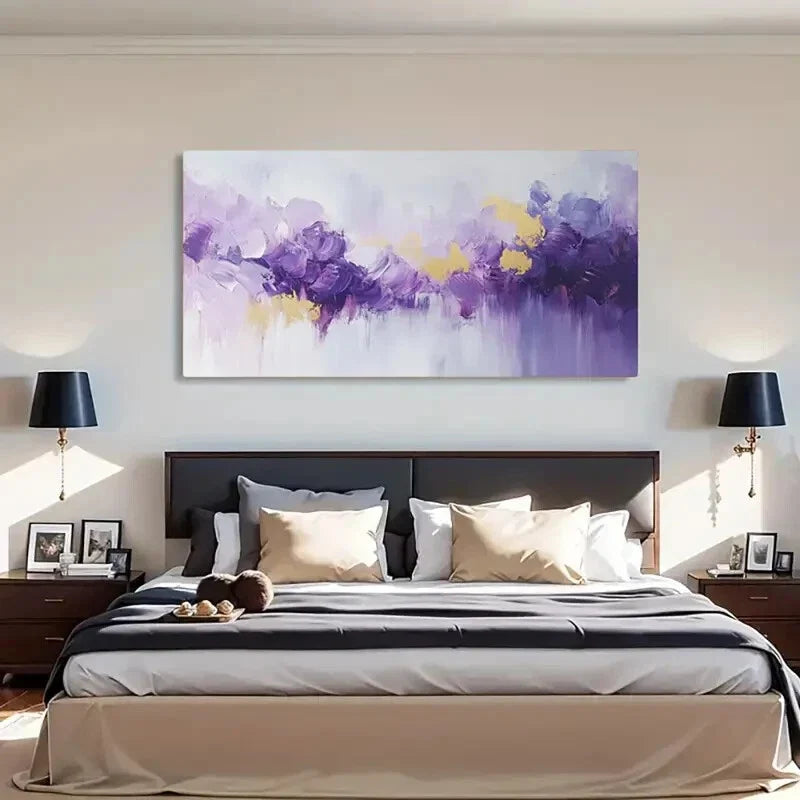 Golden Accents Purple Waves Wall Art Canvas Office Home Room Framed 80x45cm