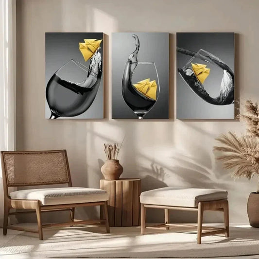 3pcs Black White Yellow Wine Glass Painting Metal Print Ready to Hang Art