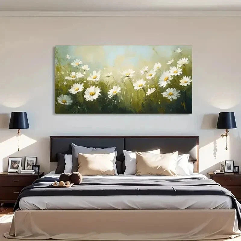 Vibrant White Daisies in Golden Wall Art Canvas Office Home Room Framed 80x45cm