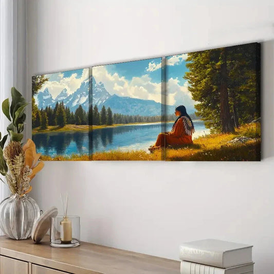 3pcs Girl by the River Blue Sky Nature Perfect Wall Art Set Canvas Framed 40x60cm - High Quality Print 100% Australian Made Wall Canvas Ready to Hang