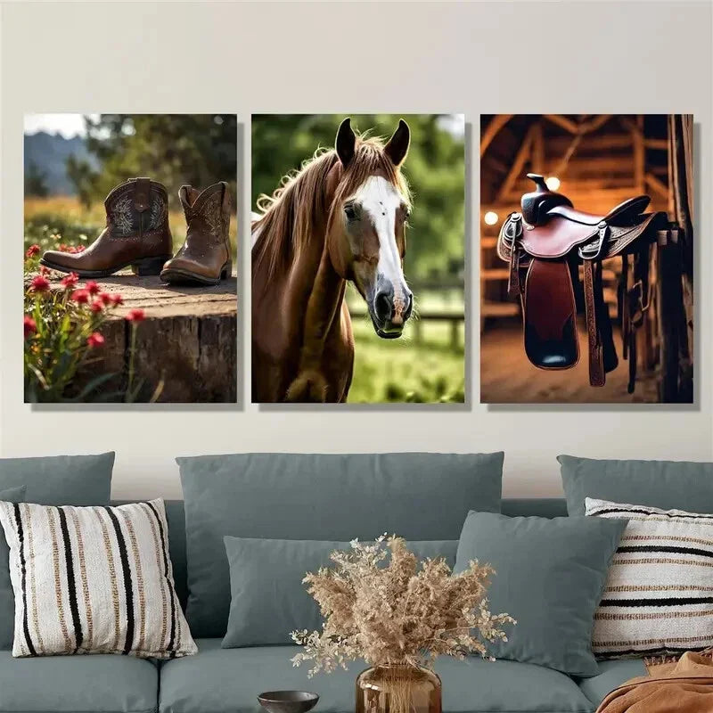 3pcs cowboy boots, horse and saddle, country , Metal Print Ready to Hang Art