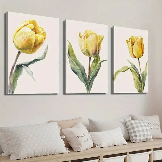3pcs Vibrant Yellow & Green Tulip Wall Art Set Canvas Framed 40x60cm - High Quality Print 100% Australian Made Wall Canvas Ready to Hang