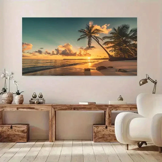 Vibrant Ocean Sunset & Palm Wall Art Canvas Office Home Room Framed 120x60cm