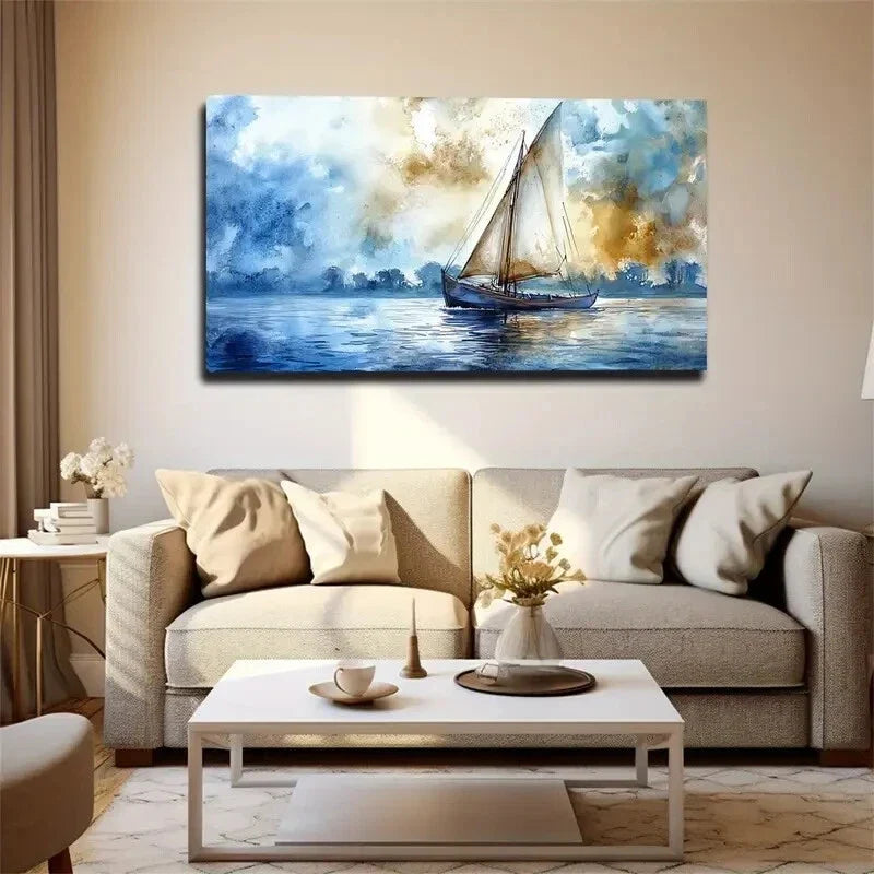 Sailboat Sailing Scene Modern Wall Art Canvas Office Home Room Framed 120x60cm