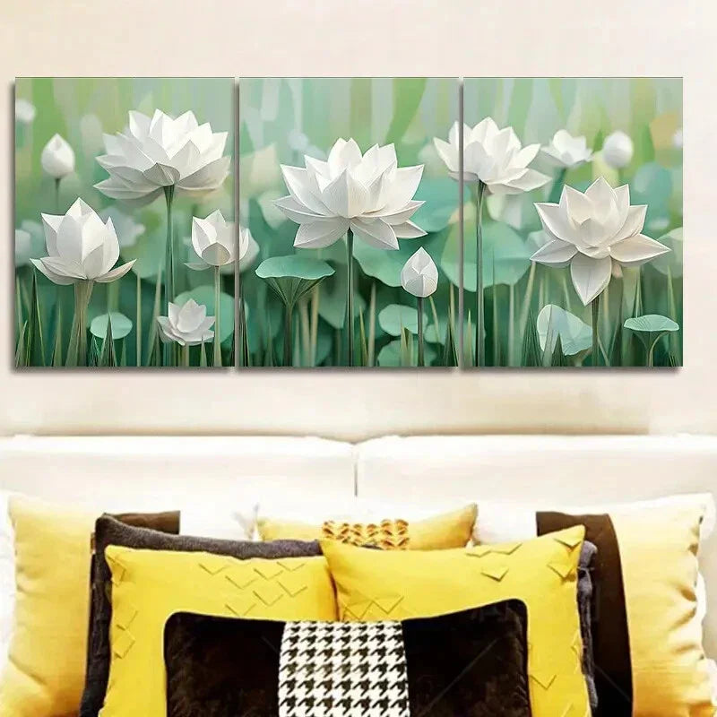 3pcs White lotus flower Art Painting Art  Metal Print Ready to Hang Art