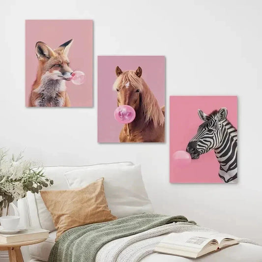 3pcs Fox Horse Zebra Blowing Bubbles Wall Art Set Canvas Framed 40x60cm - High Quality Print 100% Australian Made Wall Canvas Ready to Hang