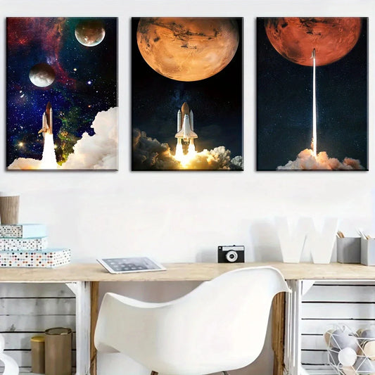 3pcs Space Rocket Starry Sky Scenery Metal Print Ready to Hang Art