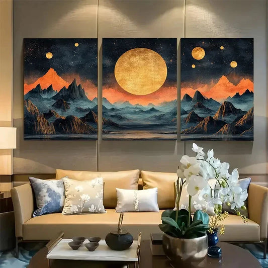 3pcs Black and Golden Mountains Starry Sky Metal Print Ready to Hang Art