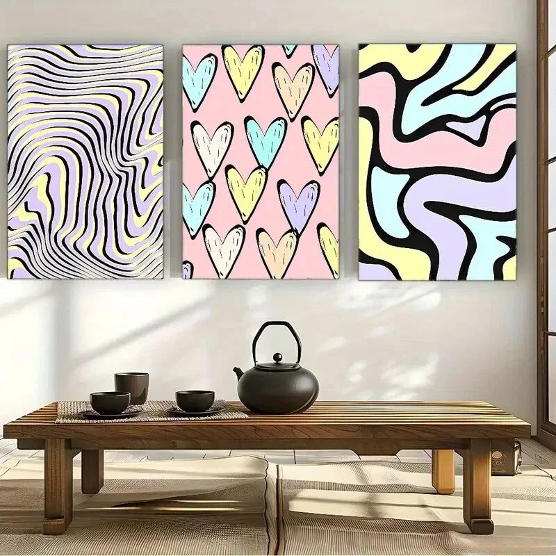 3pcs Heart Shaped Colorful Decoration Abstract Art Metal Print Ready to Hang Art
