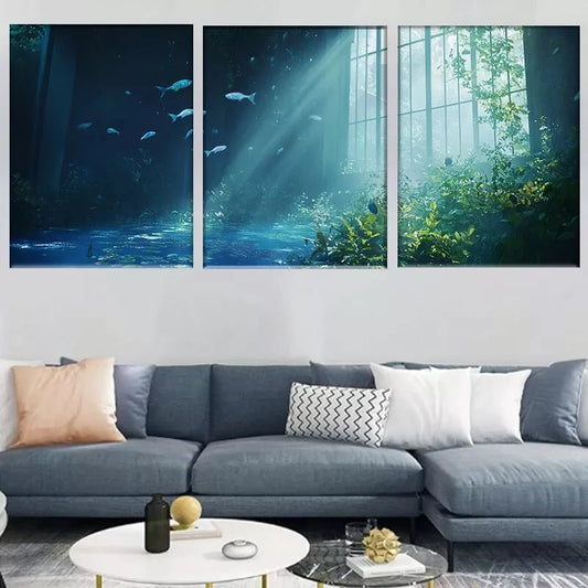 3pcs Tranquil Underwater Scene with Light Rays Wall Wall Art Set Canvas Framed 40x60cm - High Quality Print 100% Australian Made Wall Canvas Ready to Hang