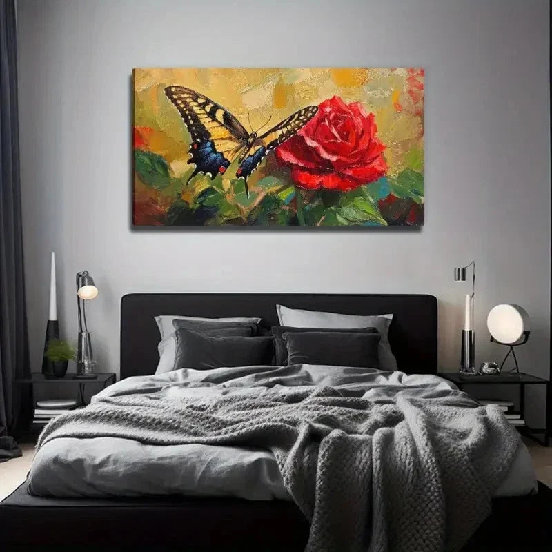 Butterfly Red Rose Decor Wall Art Canvas Office Home Room Framed 80x45cm