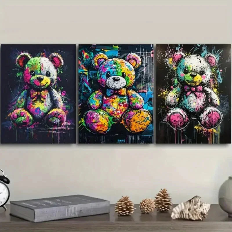 3pcs Colorful teddy bear graffiti  Wall Art Set Canvas Framed 40x60cm - High Quality Print 100% Australian Made Wall Canvas Ready to Hang