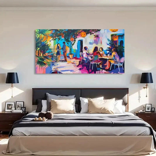 Vibrant Garden Party Scene Wall Art Canvas Office Home Room Framed 120x60cm