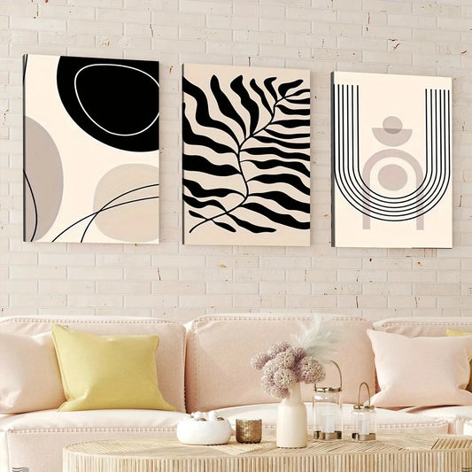 3pcs Modern Abstract Geometric Leaves Black Line Wall Art Set Canvas Framed 40x60cm - High Quality Print 100% Australian Made Wall Canvas Ready to Hang