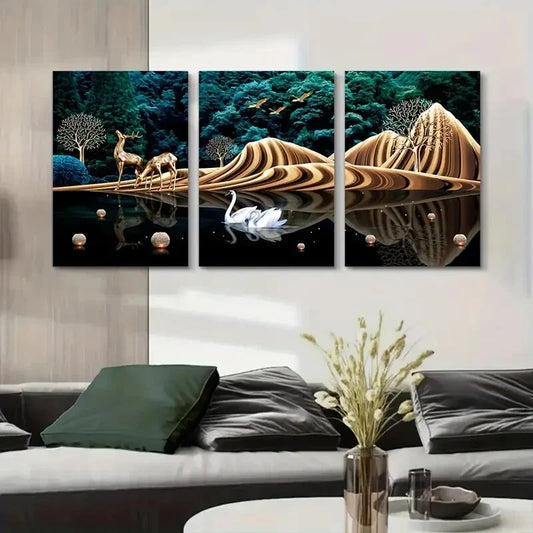 3pcs   White Swan in Water Abstract Botanical  Metal Print Ready to Hang Art