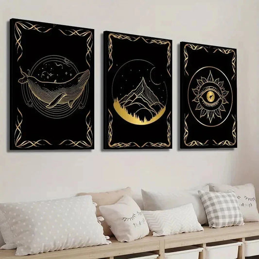 3pcs Black & Golden Whale Eye & Mountain Wall Art Set Canvas Framed 40x60cm - High Quality Print 100% Australian Made Wall Canvas Ready to Hang