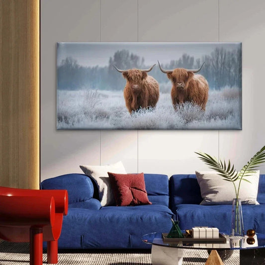 Highland Cattle in Frosty Field Wall Art Canvas Office Home Room Framed 120x60cm