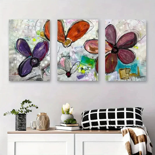 3pcs Colorful Flower Painting with Bold Metal Print Ready to Hang Art