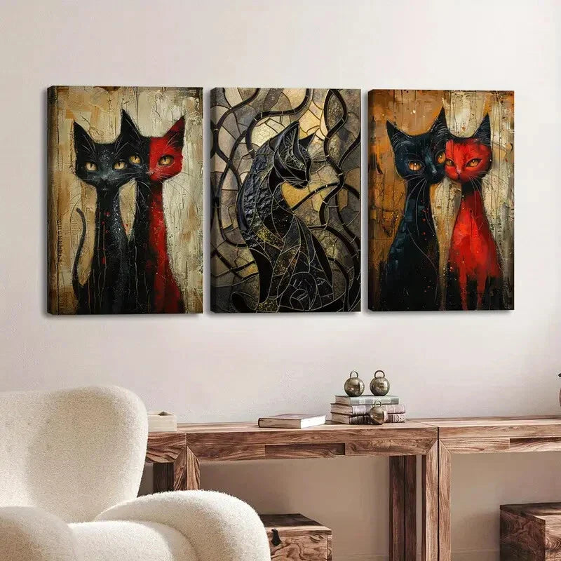 3pcs Various Animals Cats Black Red Black Lines Wall Art Set Canvas Framed 40x60cm - High Quality Print 100% Australian Made Wall Canvas Ready to Hang