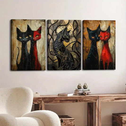 3pcs Various Animals Cats Black Red Black Lines Wall Art Set Canvas Framed 40x60cm - High Quality Print 100% Australian Made Wall Canvas Ready to Hang