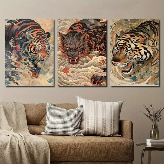 3pcs Majestic Tiger Abstract Edo Period Bengal Metal Print Ready to Hang Art