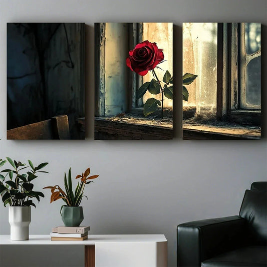 3pcs A Vintage Rose On The Windowsill Metal Print Ready to Hang Art
