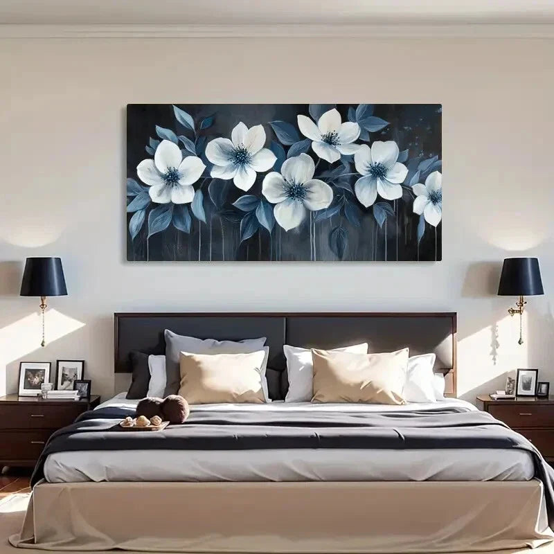 Elegant Blue Floral Modern Soft Wall Art Canvas Office Home Room Framed 80x45cm