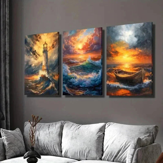 3pcs Lighthouse Landscape & Boat Portrait Wall Art Set Canvas Framed 40x60cm - High Quality Print 100% Australian Made Wall Canvas Ready to Hang