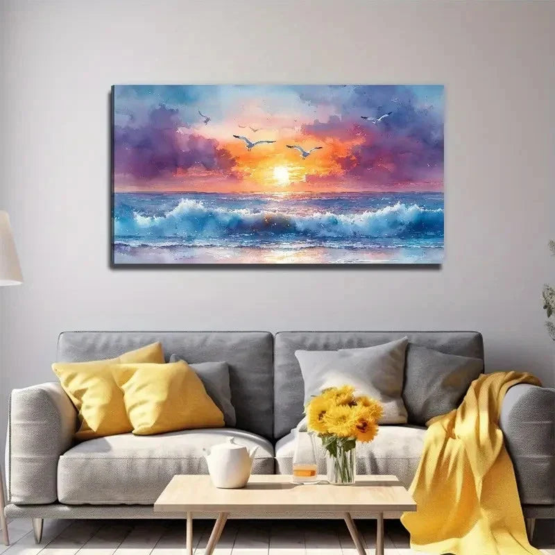 Colorful Sunset Seagull Wall Art Canvas Office Home Room Framed 80x45cm