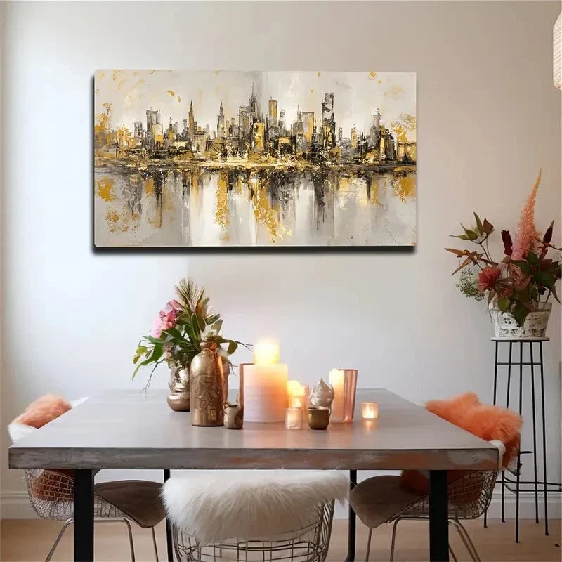 Beige & Golden Urban Reflection Wall Art Canvas Office Home Room Framed 80x45cm