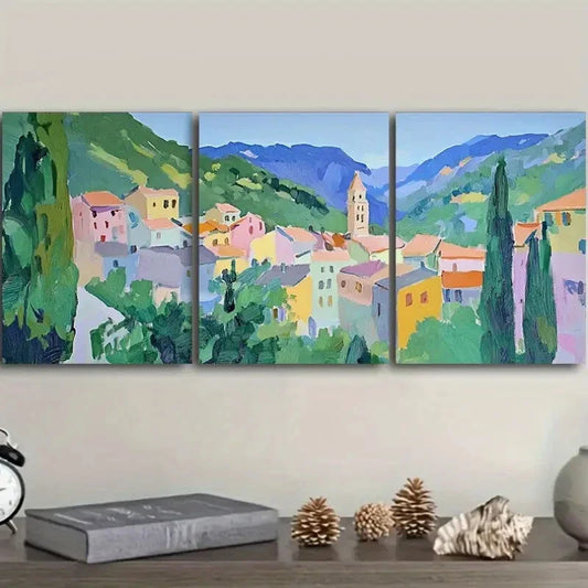 3pcs Alpine Village Scene, Metal Print Ready to Hang Art