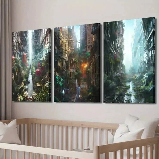 3pcs Lush Greenery Overgrown City & Skyscrapers Wall Art Set Canvas Framed 40x60cm - High Quality Print 100% Australian Made Wall Canvas Ready to Hang