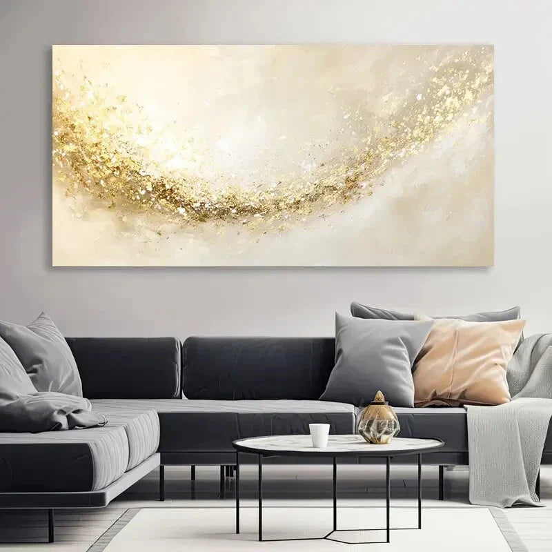 Golden Flecks & White Texture Wall Art Canvas Office Home Room Framed 120x60cm