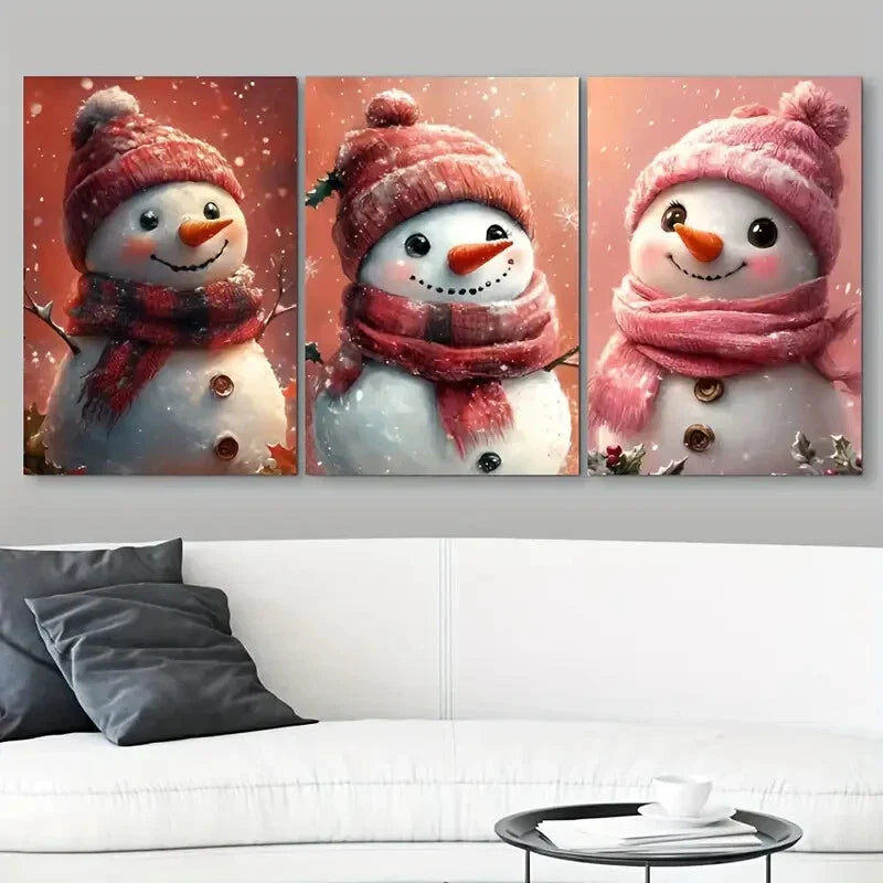 3pcs Christmas Red & White Sharp Nose Snowman Metal Print Ready to Hang Art