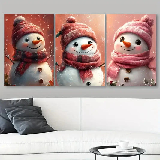 3pcs Christmas Red & White Sharp Nose Snowman Metal Print Ready to Hang Art