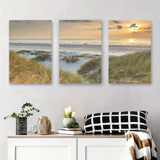 3pcs Tranquil Beach Sunset Sandy Dunes and Calm Metal Print Ready to Hang Art
