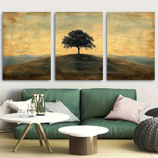 3pcs Rustic Sepia-Toned Tree Hillside Metal Print Ready to Hang Art