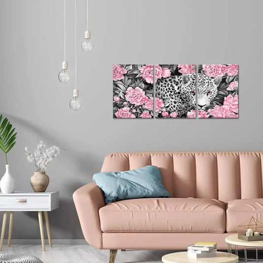 3pcs Black & White Leopard with Pink Peonies Metal Print Ready to Hang Art
