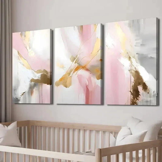 3pcs Abstract Blush Pink and Golden Decor Wall Art Set Canvas Framed 40x60cm - High Quality Print 100% Australian Made Wall Canvas Ready to Hang