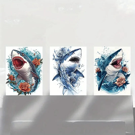 3pcs Shark Vibrant Floral Great White Shark Metal Print Ready to Hang Art
